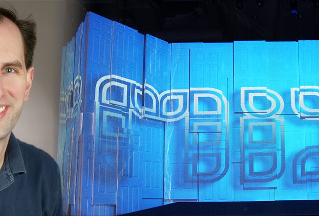 A headshot of a smiling person next to a blue, abstract stage design featuring illuminated geometric patterns.