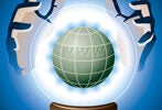 An illustration of a globe inside a glowing crystal ball with two hands around it, representing global foresight or prediction.