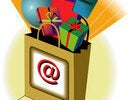 A shopping bag filled with various items such as a globe and gifts, with the "@" symbol on it, representing online shopping or e-commerce.