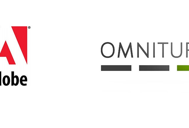 Logos of Adobe and Omniture, featuring Adobe''s red stylized "A" and Omniture''s text with gray and green bars.