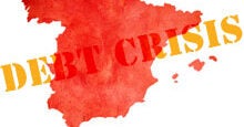 The image shows a red silhouette of Spain with the words "Debt Crisis" overlaid in bold letters, representing financial issues.