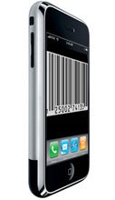 A smartphone displaying a large barcode on the screen, possibly representing digital commerce or mobile scanning technology.