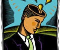 A stylized illustration of a person in a suit with an open head and light bulbs emerging, symbolizing creativity or ideas.