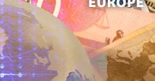 The image shows euro banknotes overlapped with a globe, accompanied by the word "Europe," representing European finance or economy.