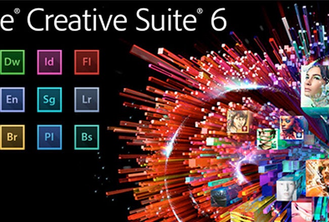 An Adobe Creative Suite 6 graphic featuring colorful icons for various software, including Ai, Ae, Dw, Id, Fl, Fw, Pr, En, Sg, Lr, Ps, Au, Br, Pl, and Bs, alongside