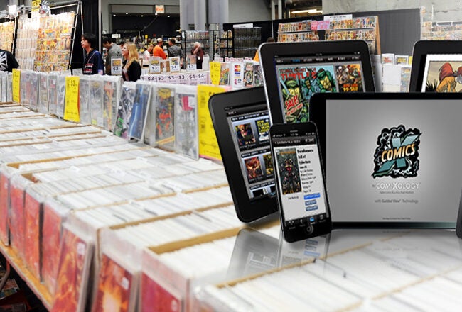 A comic book convention with tables displaying numerous comic books in protective sleeves. Multiple devices showing digital comics are overlayed, highlighting both physical and digital comic media.