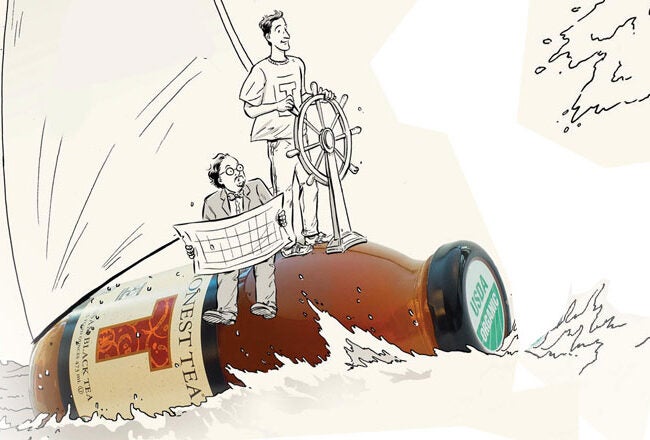 A cartoon of two people navigating a sailboat made from a large bottle labeled "Honest Tea." The bottle sails on water amid waves, symbolizing innovation or adventure.