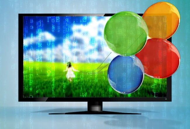 A digital artwork featuring a flat-screen monitor displaying a field with a person in white, combined with overlaid colorful translucent circles and digital code.