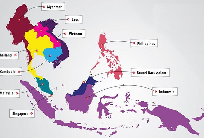 Map of Southeast Asia highlighting countries: Myanmar, Laos, Vietnam, Thailand, Cambodia, Malaysia, Singapore, Philippines, Brunei Darussalam, and Indonesia.