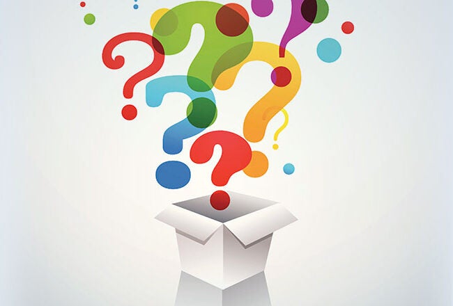 Colorful question marks emerging from an open white box, symbolizing curiosity, creativity, and exploration.