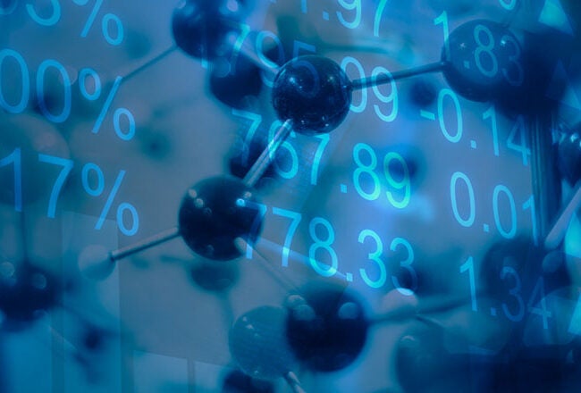 A digital illustration featuring a molecular structure overlaid with percentages and numbers, representing a fusion of chemistry and financial data.