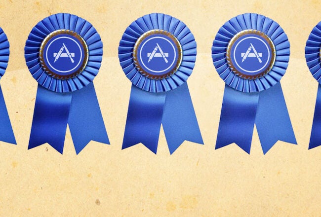 Five blue award ribbons with a logo featuring an "A" inside a circle, likely representing recognition or achievement.