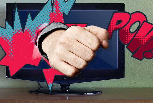 A cartoon-style fist punches through a TV screen with comic book effects and the word "POW!" in red and blue.