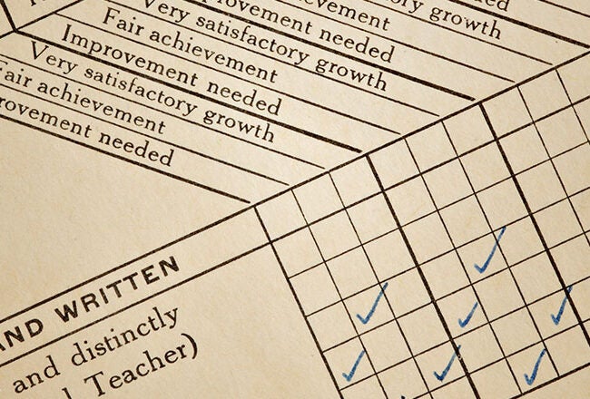 A vintage report card featuring columns with ratings like "Very satisfactory growth" and "Improvement needed," along with check marks.