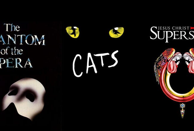 The image features logos for three musicals: "The Phantom of the Opera" with a mask and rose, "Cats" with stylized cat eyes, and "Jesus Christ Superstar" with a crown of thorns.