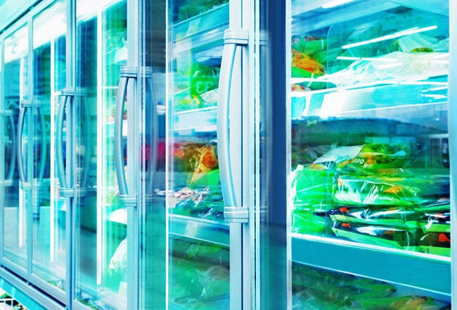 A supermarket aisle featuring refrigerated glass display cases filled with various packaged frozen foods.