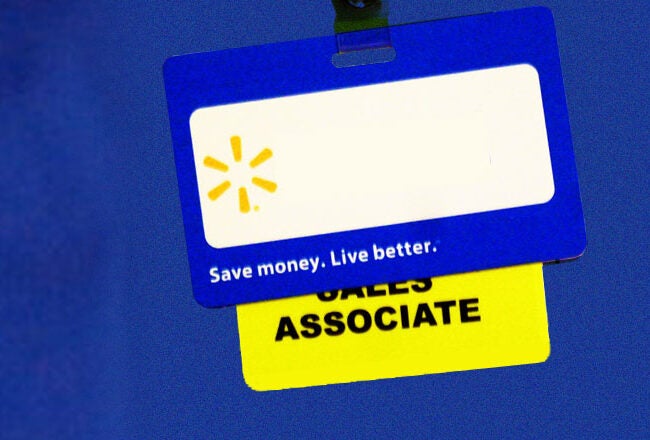 Blue name badge with a logo, tagline "Save money. Live better," and a yellow tag labeled "Sales Associate."