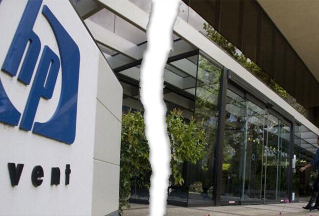 A torn image showing the HP logo with the word "invent" on a sign outside a modern office building, with two people walking near the entrance.