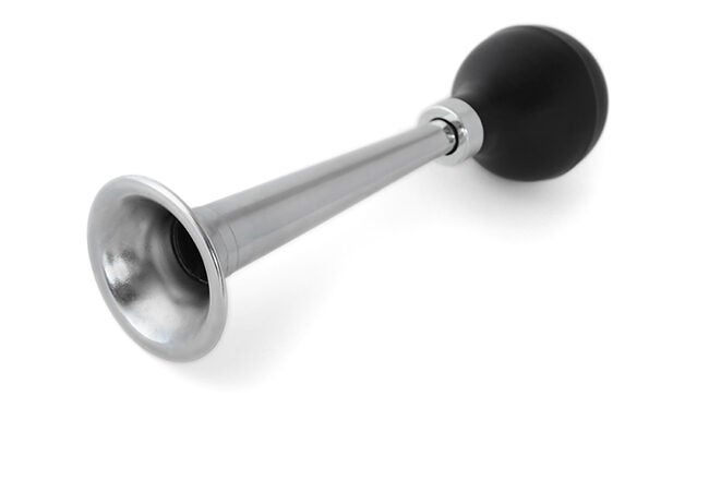 A vintage-style bicycle horn with a black rubber bulb and a silver metal trumpet.