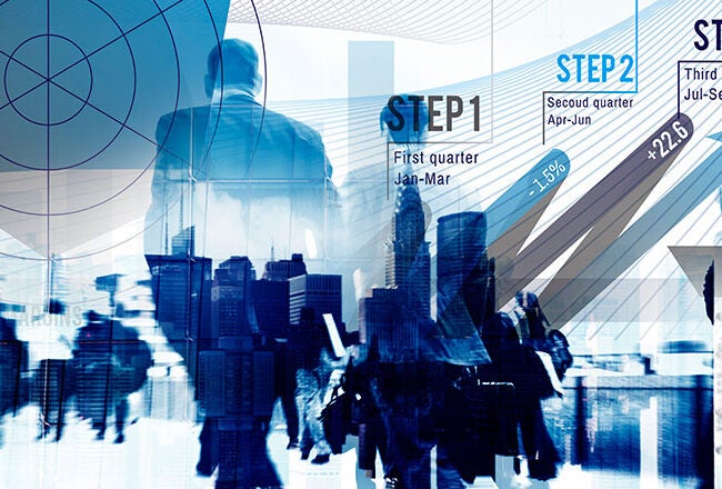 Abstract business concept depicting progress through three quarterly steps with arrows, silhouettes of people, cityscape, and layered data graphics.