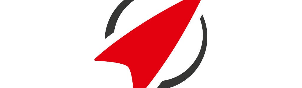 A red stylized rocket or arrow shape positioned inside a black circle, possibly representing movement or progress.