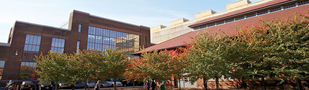 A modern building with large windows, surrounded by trees with autumn foliage. People are walking on a path in the foreground.
