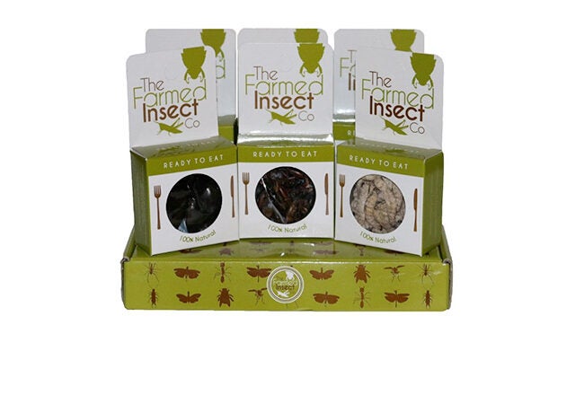 Packages of edible insects from "The Farmed Insect Co." displayed in green and white packaging, labeled "Ready to Eat" and "100% Natural".