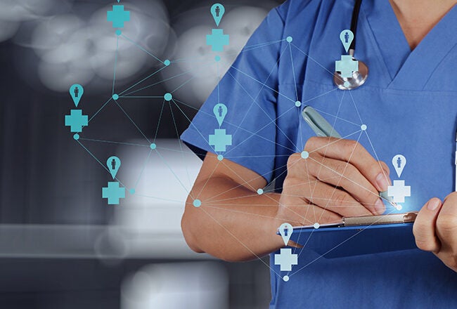 Healthcare professional in blue scrubs writing on a clipboard, with a stethoscope around their neck and abstract medical icons connected by lines.