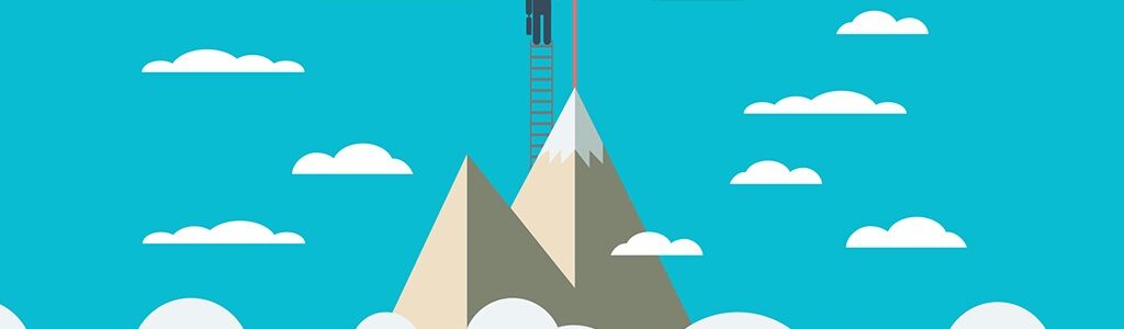 Illustration of a person standing on a ladder reaching the top of a mountain, placing a red flag. Surrounded by clouds and a bright sky, symbolizing achievement.