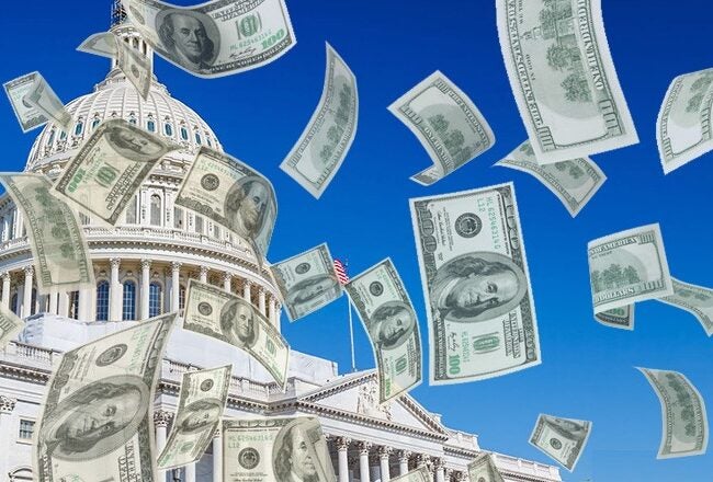 The image shows a blue sky above the dome of the U.S. Capitol building, with numerous U.S. dollar bills appearing to fall from the sky. This might represent government spending or financial legislation.
