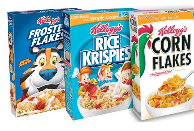 Three cereal boxes: Kellogg''s Frosted Flakes featuring a tiger mascot, Kellogg''s Rice Krispies with three cartoon characters, and Kellogg''s Corn Flakes with a bowl of cereal.