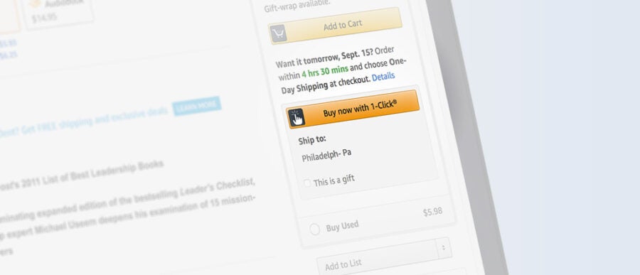 Online shopping interface displaying shipping options and estimated delivery times, with a "Buy now with 1-Click" purchase button.