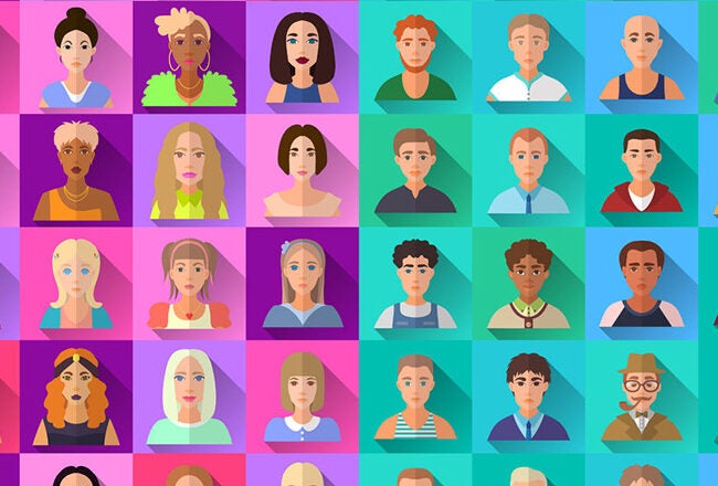 A colorful grid of diverse, stylized avatars set against different gradient backgrounds, showcasing a variety of hairstyles, clothing, and accessories.
