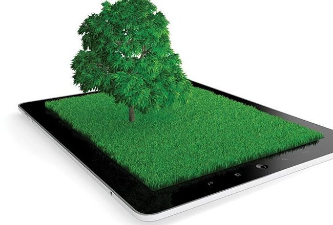 A digital tablet with a green grass-like surface and a tree growing on it, representing technology and nature integration.