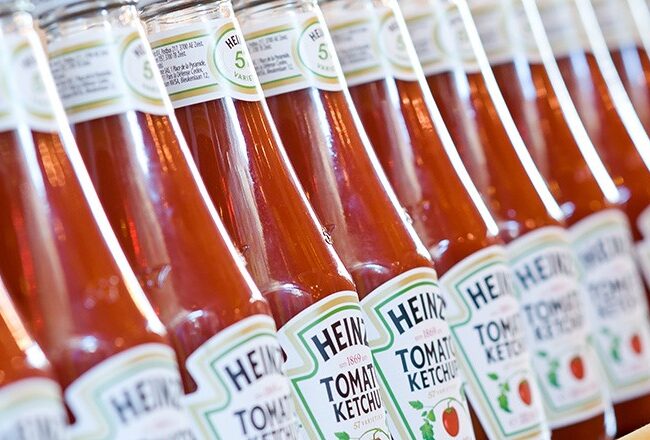 Rows of Heinz Tomato Ketchup bottles are lined up, showcasing the iconic labels.