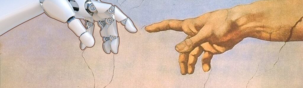A robotic hand reaches out to touch a human hand, mimicking Michelangelo''s "The Creation of Adam" on the Sistine Chapel ceiling. It symbolizes the intersection of technology and humanity.