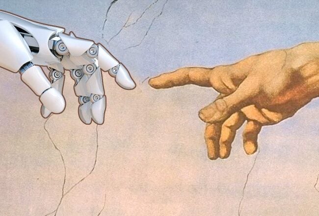 A robotic hand reaches out to touch a human hand, mimicking Michelangelo''s "The Creation of Adam" on the Sistine Chapel ceiling. It symbolizes the intersection of technology and humanity.