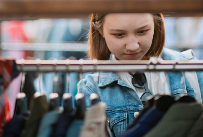 A person in a denim jacket is browsing through clothes on a rack in a store.