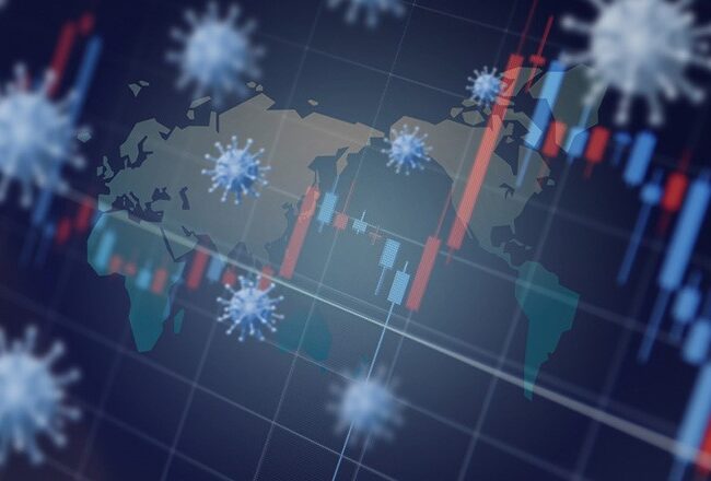 A world map overlaid with virus icons and stock market graphs, symbolizing the global impact of a pandemic on financial markets.
