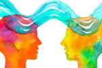 Abstract watercolor illustration of two silhouette heads facing each other, with vibrant colors and flowing blue lines connecting the tops, symbolizing communication or shared thoughts.