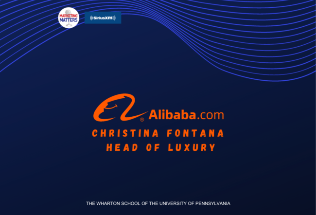 A promotional graphic featuring the logo of Alibaba.com, mentioning Christina Fontana as Head of Luxury. It includes logos for Marketing Matters and SiriusXM.