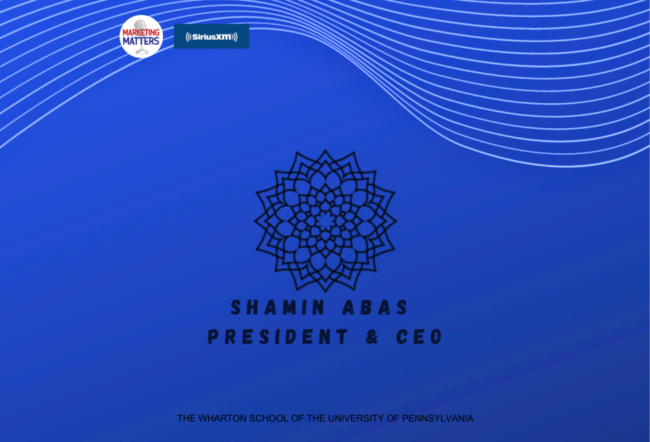 A blue background with white wavy lines and a decorative geometric pattern. Text reads "Shamin Abas, President & CEO," "Marketing Matters," "SiriusXM," and "The Wharton School of the University of Pennsylvania."