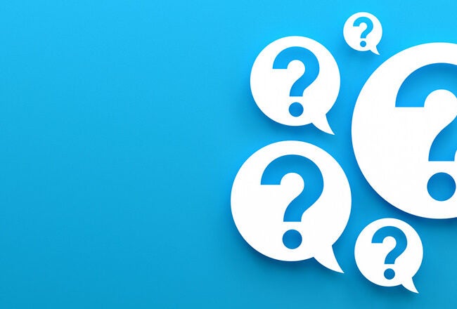 White question marks inside speech bubbles on a blue background, symbolizing curiosity or inquiry.