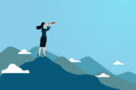 Woman Using Telescope Standing On Top Mountain