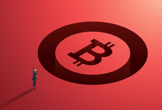 An illustration of a person in a suit contemplating a large shadow with a Bitcoin symbol on a red background, representing cryptocurrency concepts.