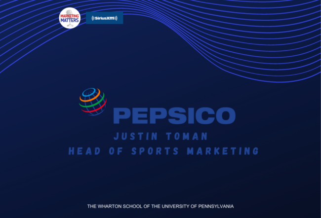 A promotional graphic for a SiriusXM Marketing Matters event featuring PepsiCo and Justin Toman, Head of Sports Marketing. Includes logos and text.