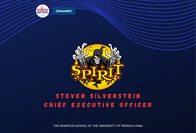 Logo of "Spirit" featuring a spooky figure with a yellow background, alongside text: "Steven Silverstein Chief Executive Officer." Marketing Matters and SiriusXM logos are above.