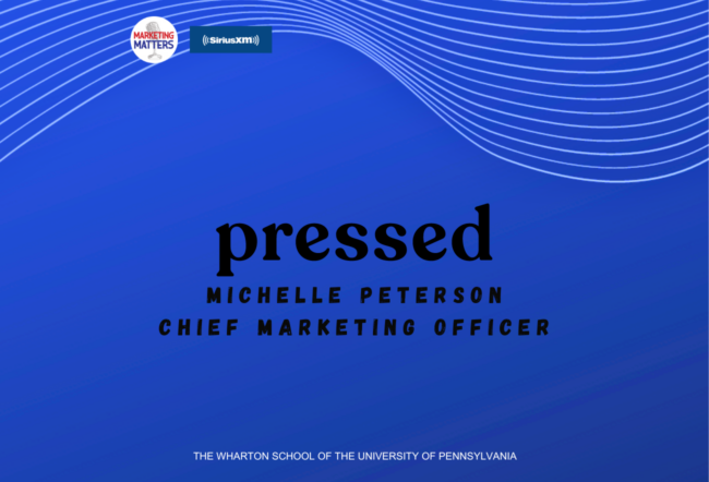 The image is a promotional graphic for a podcast episode featuring the Chief Marketing Officer Michelle Peterson on "Marketing Matters" from The Wharton School. It includes logos for Marketing Matters and SiriusXM on a blue background with white wave patterns.