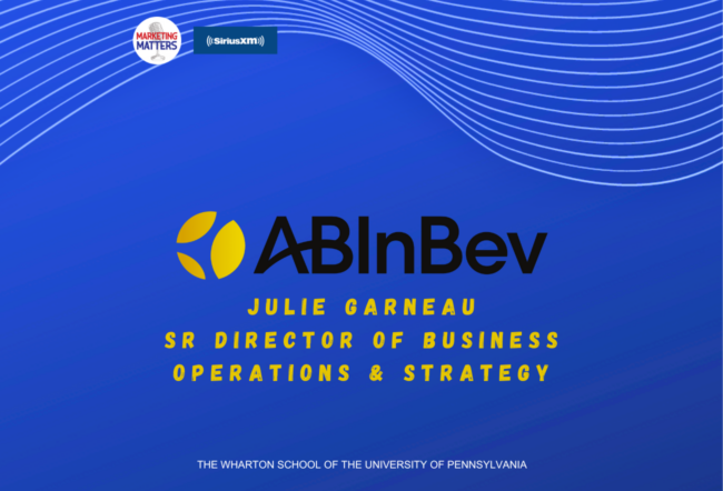 A promotional graphic featuring AB InBev''s logo, Julie Garneau as Sr Director of Business Operations & Strategy, and marketing show logos.