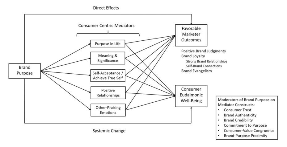 Figure showing how brand purpose directly effects various aspects of consumer psychology to lead to better well-being and brand outcomes